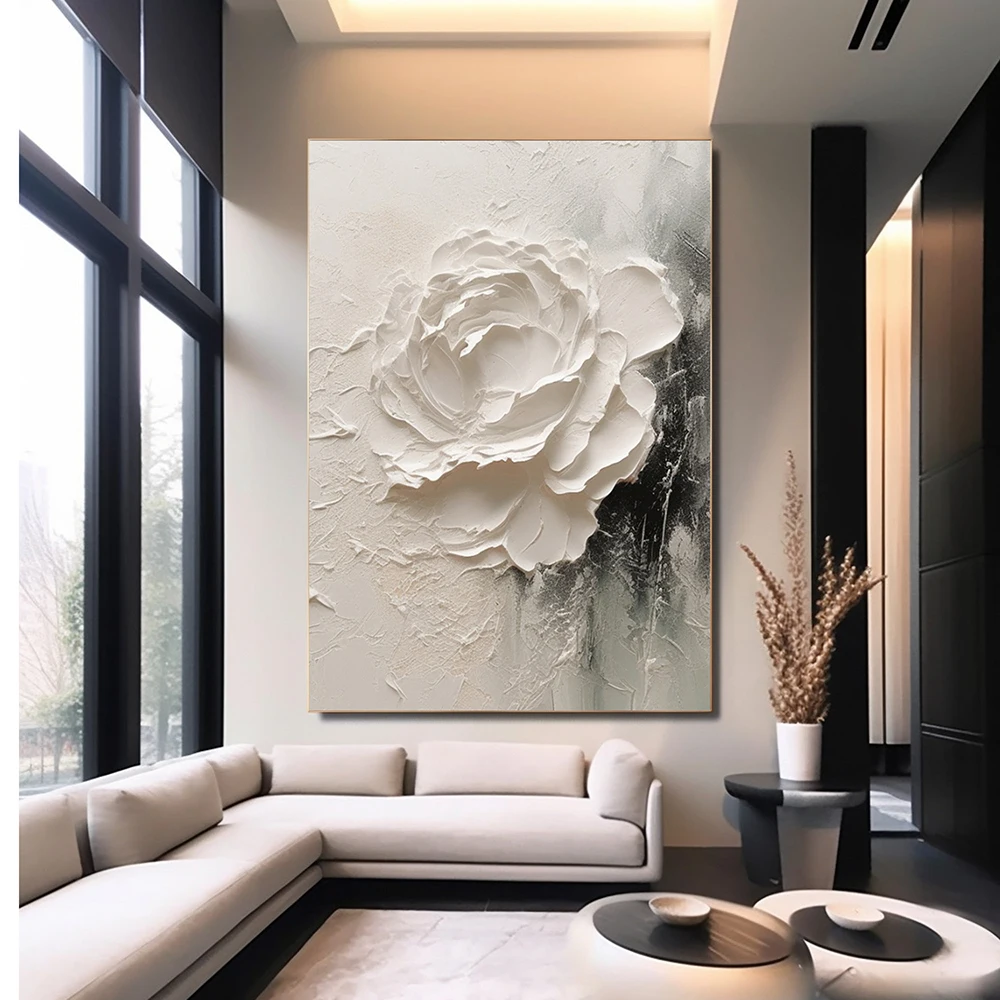 3D Textured Effect Painting, Large Abstract White Flower Poster, Minimalist Wall Art Canvas Print, Living Room Home Decor Cuadro - Image 3