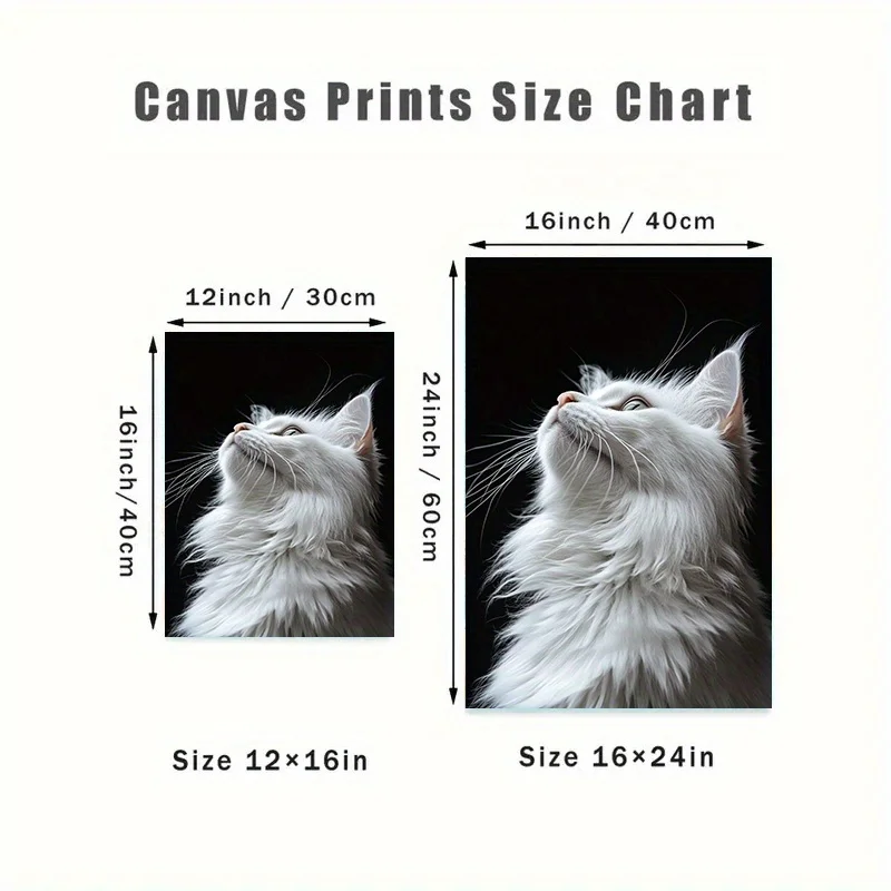 White Longhair Cat Portrait Canvas Print – High-Contrast Feline Art, Realistic Animal Design, Frameless for Home Office Decor - Image 2