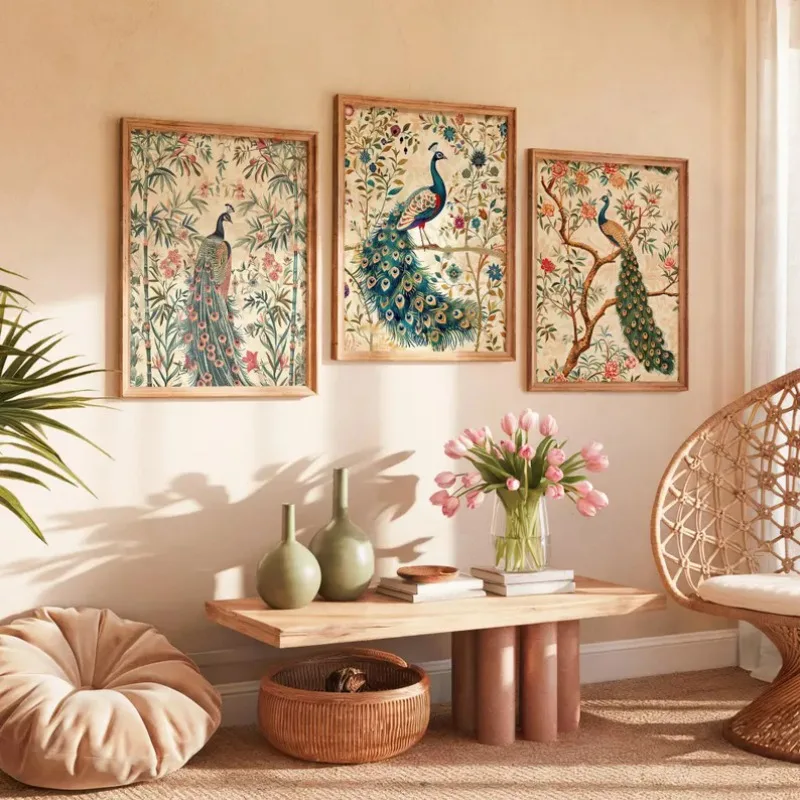 Indian Colourful Floral Bamboo Poster Traditional Botanical and Bird Illustration Canvas Painting Wall Art for Room Home Decor - Image 2