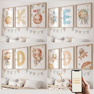 3pcs Personalized Custom Name Cartoon Planet Astronaut Wall Art Print Picture Canvas Poster Painting For Living Room Home Decor