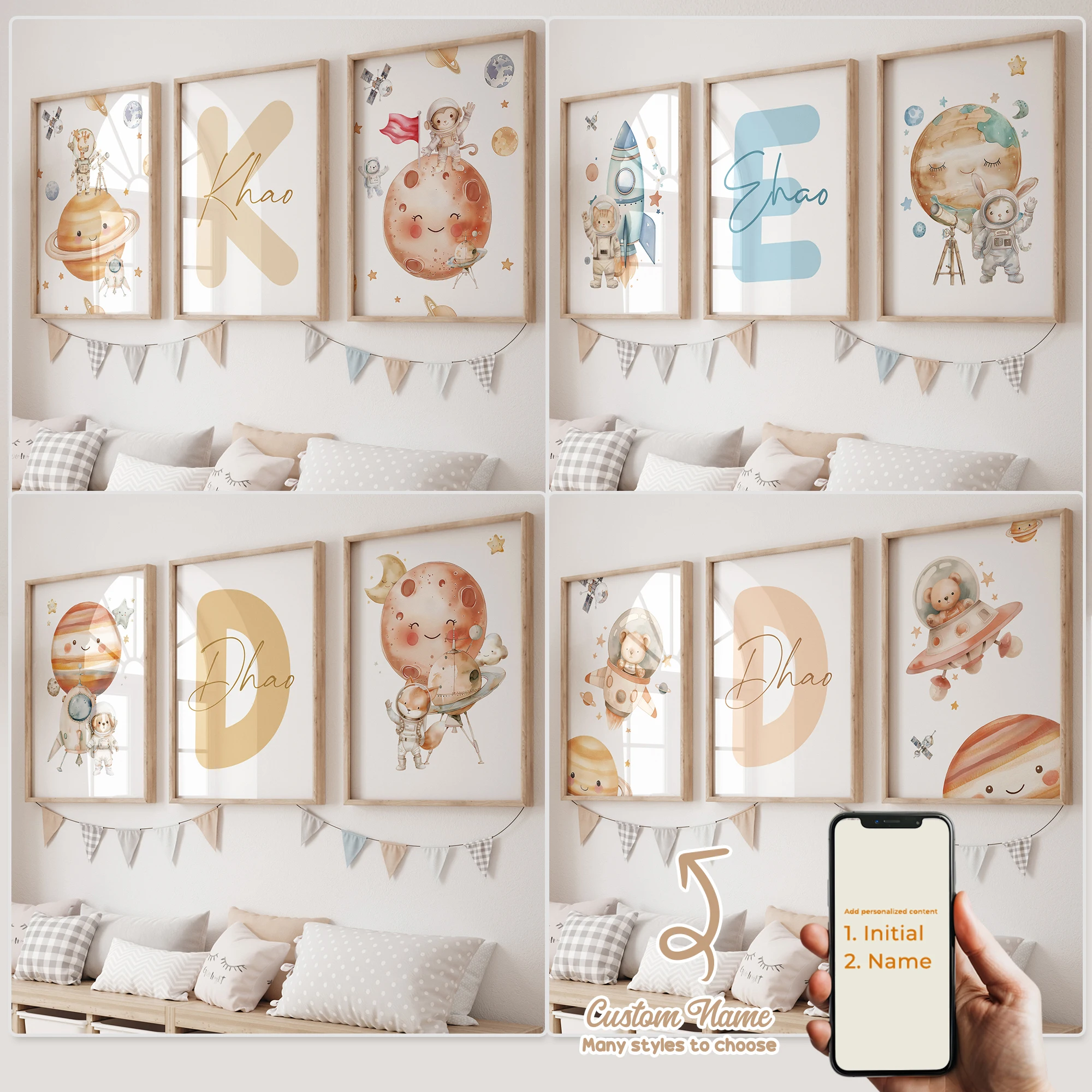 3pcs Personalized Custom Name Cartoon Planet Astronaut Wall Art Print Picture Canvas Poster Painting For Living Room Home Decor