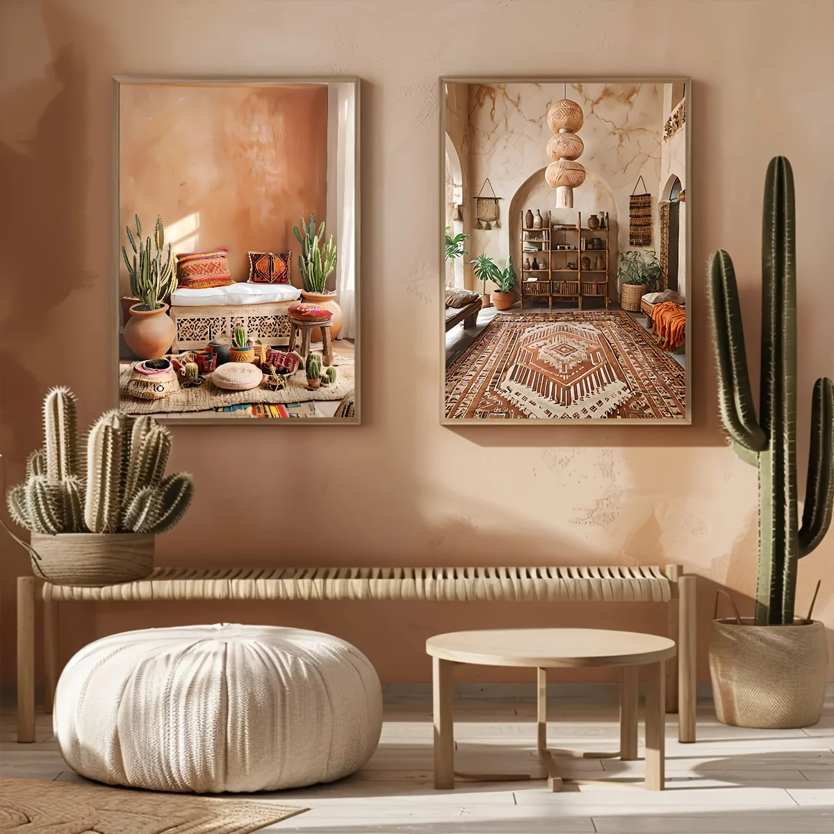 2pcs Moroccan Wall Art Neutral Boho Print Terracotta Cactus Decor Berber Pouf Basket Poster Minimalist Art Bedroom Home Decor - Image 3