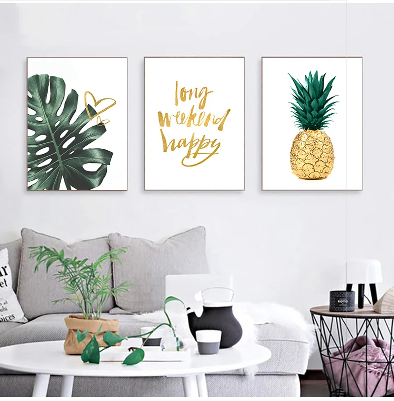 Nordic Gold Pineapple Green Leaves Canvas Painting Wall Art Letters Quotes Posters And Prints Plants Pictures For Living Room - Image 2