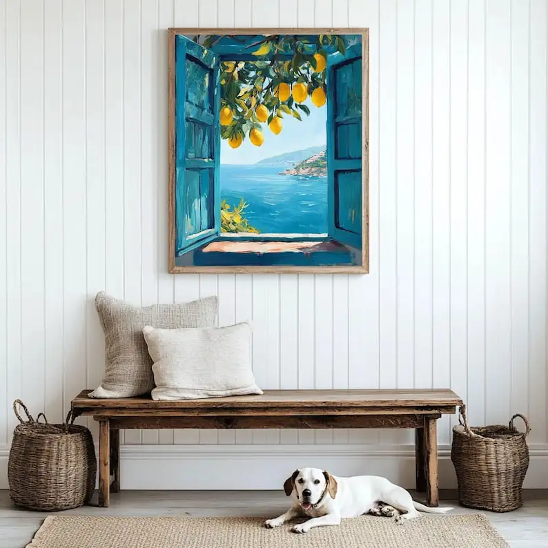Mediterranean Window View Printable Art – Coastal Lemon Tree Wall Decor – Italian Seaside Landscape Frameless - Image 2