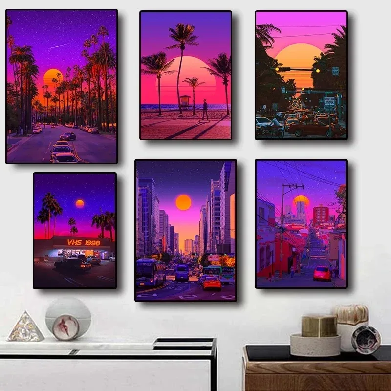Synthwave Miami Ocaso Beach City Street Tours Wall Art Decor Home Decoration Picture For Living Room Canvas Print Poster - Image 2