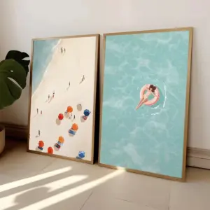 Summer Girl Swimming Pool Party Wall Art-Beach and Ocean Canvas Prints for Nordic Living Room Decor,Boat-Themed Home Art