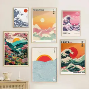 Japanese Mount Fuji Waves Canvas Print Retro Classic Sunrise Temple Landscape Poster Home Living Room Decor Gift