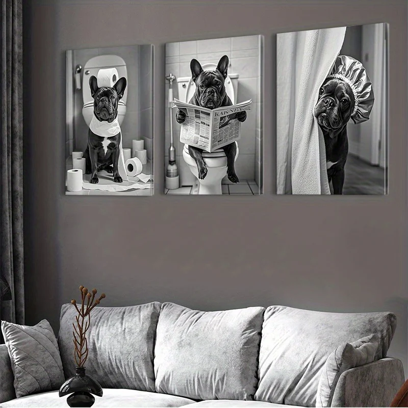 3 Piece Black and White French Bulldog Bathroom Wall Art - Humorous Dog Reading Newspaper Canvas Prints, Great for Home Decor - Image 4