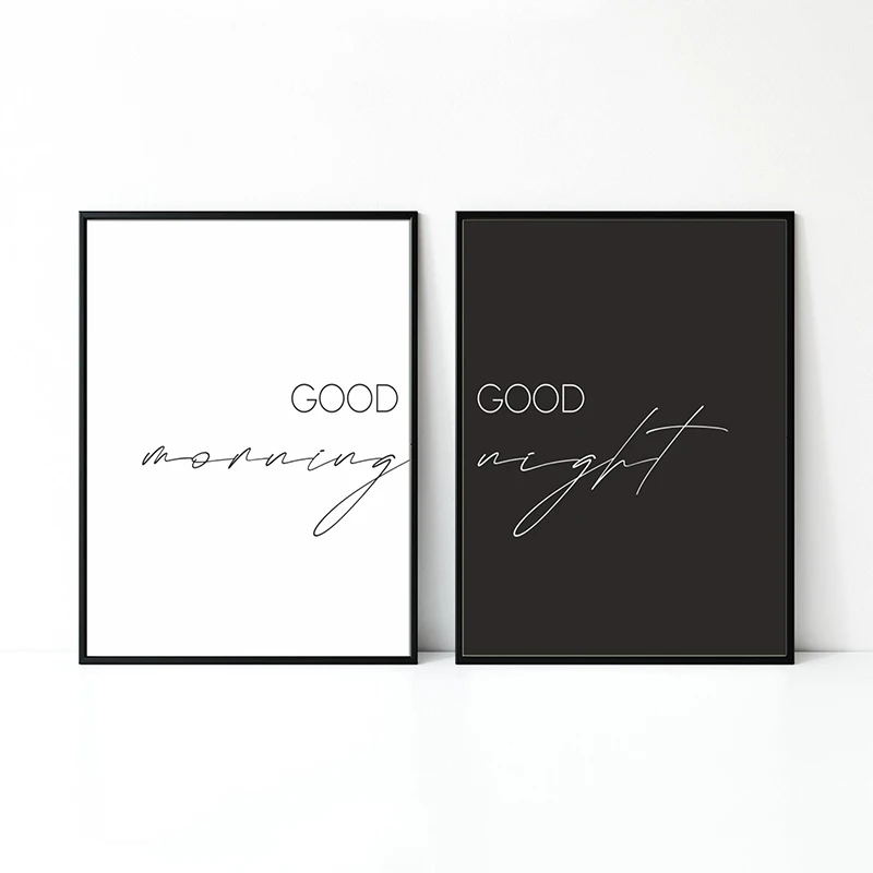 Black & White Good Morning Good Night Canvas Poster Minimal Print Modern Bedroom Over Bed Wall Art Picture for Home Decoration