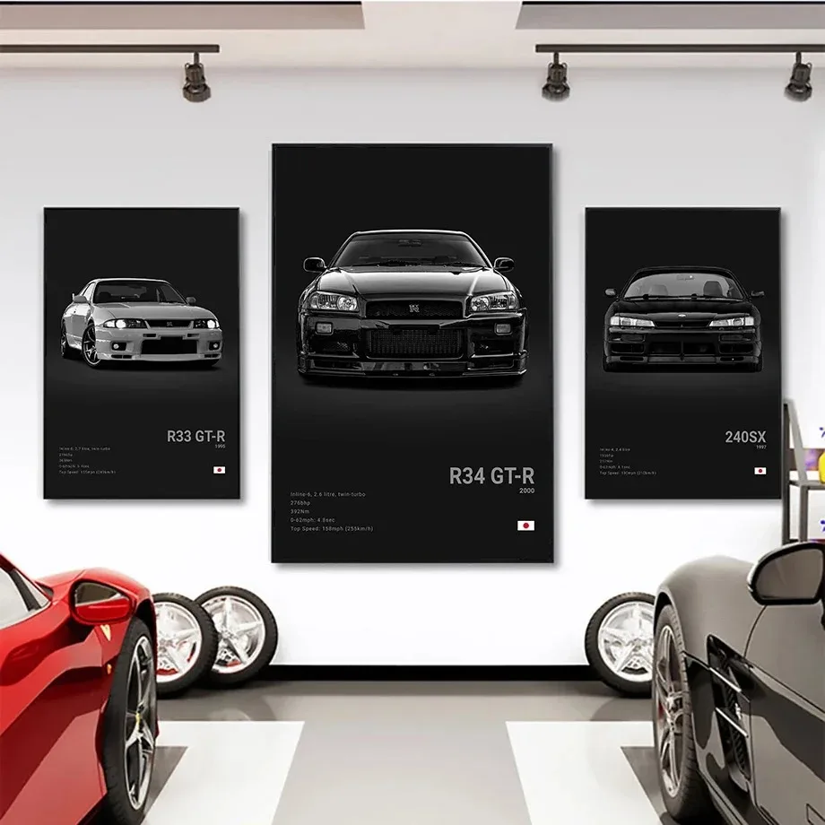 Pop Black and White Japan Cars Luxury Super Sport Car Poster Aesthetic R34 Gtr 240sx Canvas Print for Wall Art Garage Room Decor - Image 2