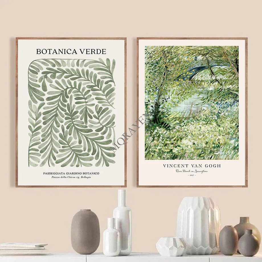 Boho Abstract Green Striped Girl Leaf Flower Poster Print Vintage Canvas Painting Hotel Bar Wall Art Pictures Living Room Decor - Image 5