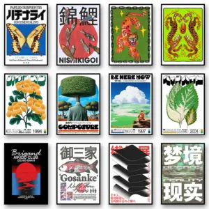 Vintage Japanese Abstract Classic Posters Retro Koi Flower Print Mid Century Wall Art Canvas Painting for Living Room Home Decor