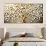 Abstract White Flowers and Golden Luxuriant Trees Plant Posters Modern Light Luxury Rich Tree Canvas Painting Living Room Decor