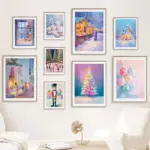 Snow House Christmas Tree Holiday  Fashion Wall Art Canvas Painting Nordic Poster Room Decor Watercolor Art Christmas At Night