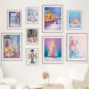 Snow House Christmas Tree Holiday  Fashion Wall Art Canvas Painting Nordic Poster Room Decor Watercolor Art Christmas At Night