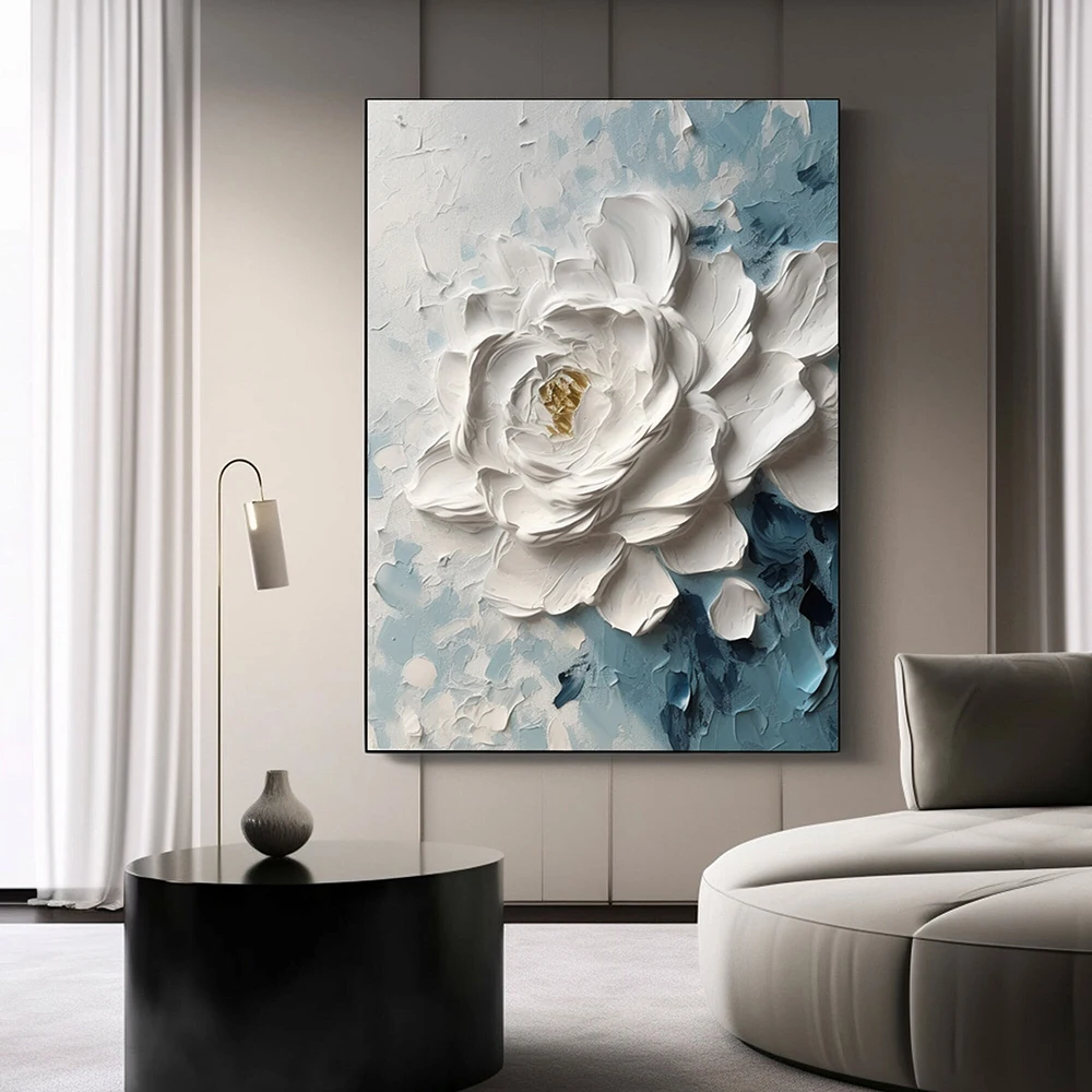 3D Textured Effect Painting, Large Abstract White Flower Poster, Minimalist Wall Art Canvas Print, Living Room Home Decor Cuadro - Image 5