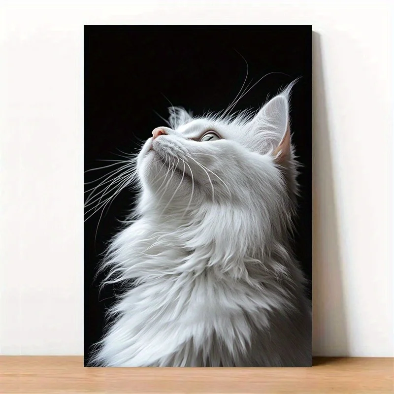 White Longhair Cat Portrait Canvas Print – High-Contrast Feline Art, Realistic Animal Design, Frameless for Home Office Decor