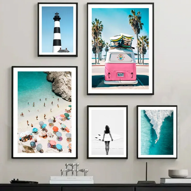 Sea Wave Surfing Beach Car Lighthouse Palm Landscape Posters and Prints Canvas Printing Wall Art Picture for Living Room Decor - Image 3