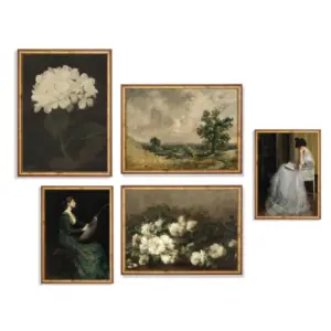 Country Landscape Poster Print Canvas Painting Wall Art Pictures for Living Room Home Decor Vintage Antique Rustic Woman Flowers