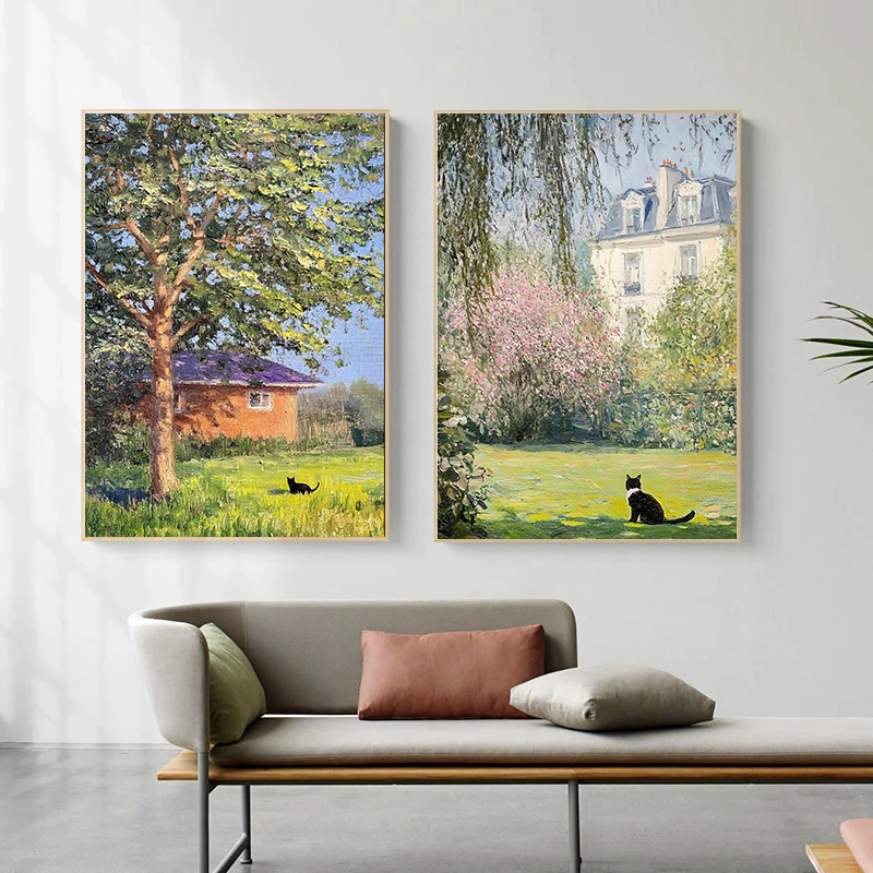 Interesting Impressionist Cute Cat and Landscape Art Posters Oil Painting Canvas Printing Living Room Bedroom Home Decoration - Image 3
