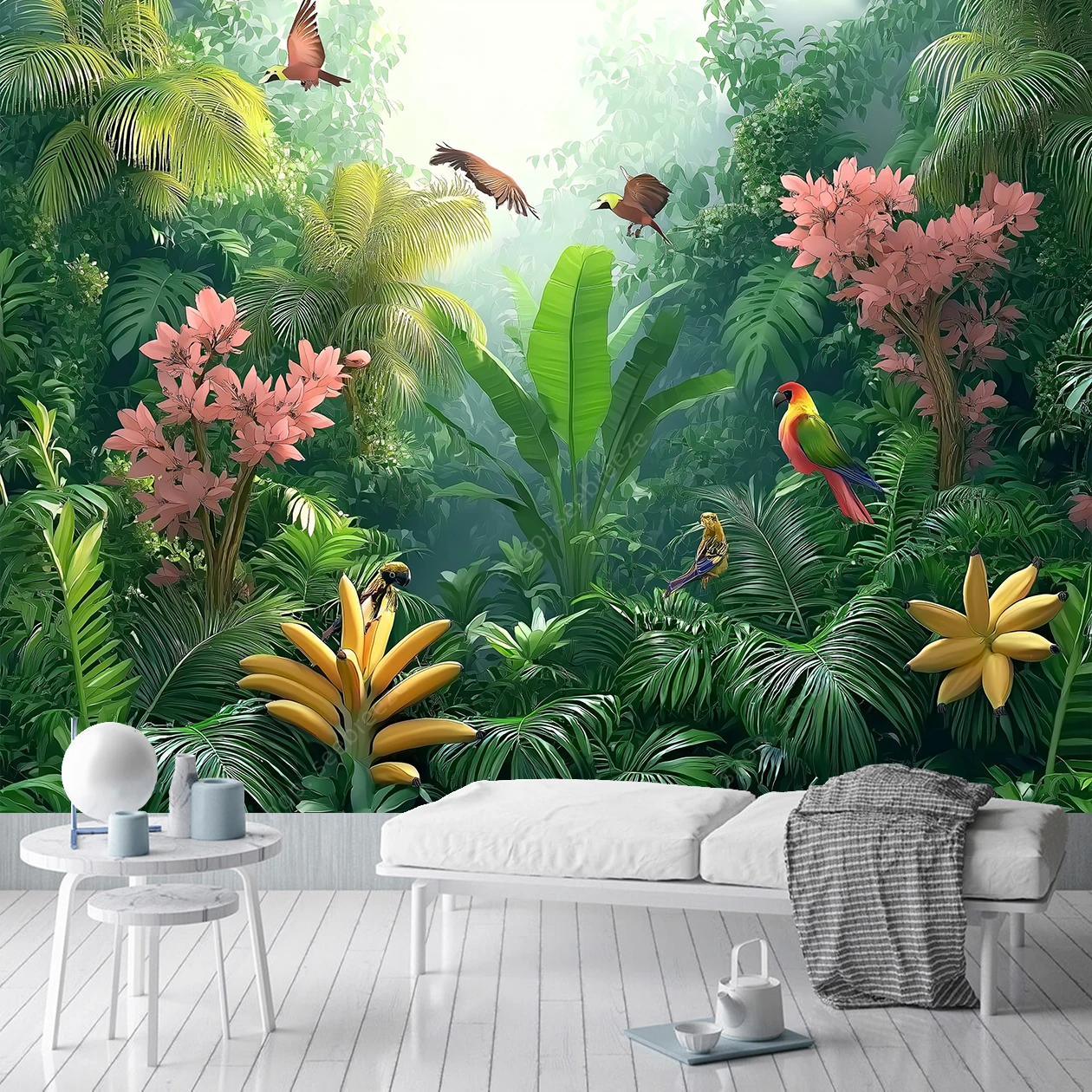 Lush Tropical Rainforest Tapestry Palm Trees Golden Bananas Soaring Birds Misty Canopy Wall Hanging Bedroom Living Room Decor - Image 3