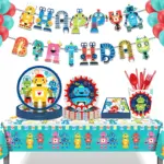 Robot Game Themed Birthday Decorations Disposable Tableware Paper Plate Cups Napkins Robot Foil Balloon Kids Birthday Decoration