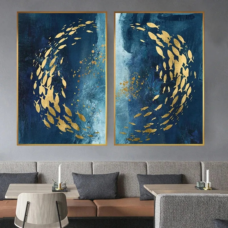 Abstract Gold Fish Blue Canvas Painting Posters and Prints Wall Art Aisle Luxurious Picture Cuadros for Living Room Home Decor - Image 3