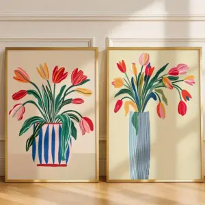 Colorful Tulip Wall Art,Modern Floral Vase Printing,Simple Floral Canvas Posters,Bold Plant,Bright Living Room and Kitchen Decor