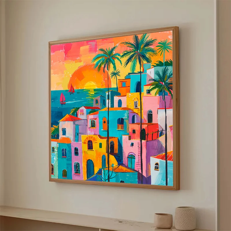 Colorful Buildings Sailboat Palm Tree Mediterranean Coastal Town Canvas Painting Poster Print Wall Art Living Room Home Decor - Image 4