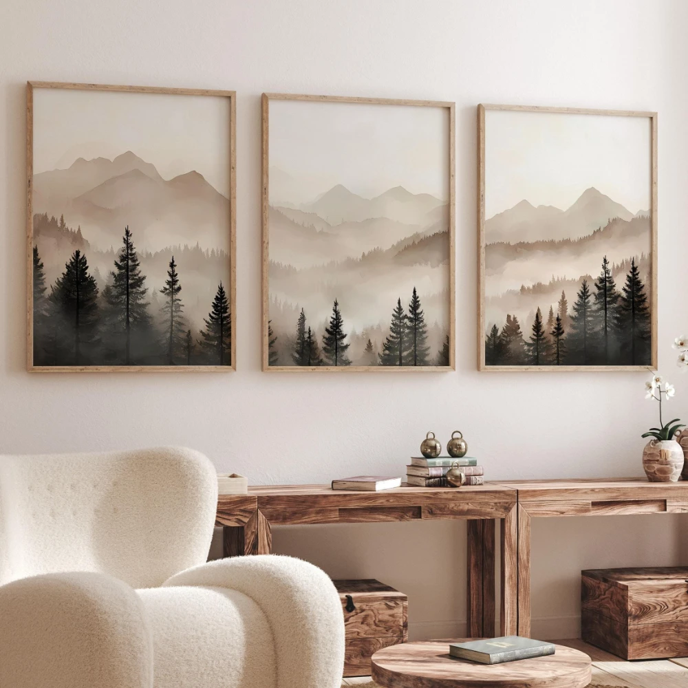 Abstract Forest Mountains Triptych Art Minimalist Modern Foggy Landscape Prints Set of 3 Printable Neutral Nature Wall Art Gift