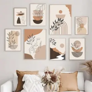 Retro Boho Plants Abstract Poster Painting Geometry Rainbow Sun Canvas Print Leaves Wall Art Picture Modern Living Room Decor