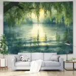 Large Watercolor Willow Lake Tapestry - Serene Landscape Wall Hanging with Sunlit Willows and Reflective Waters, Polyester Art