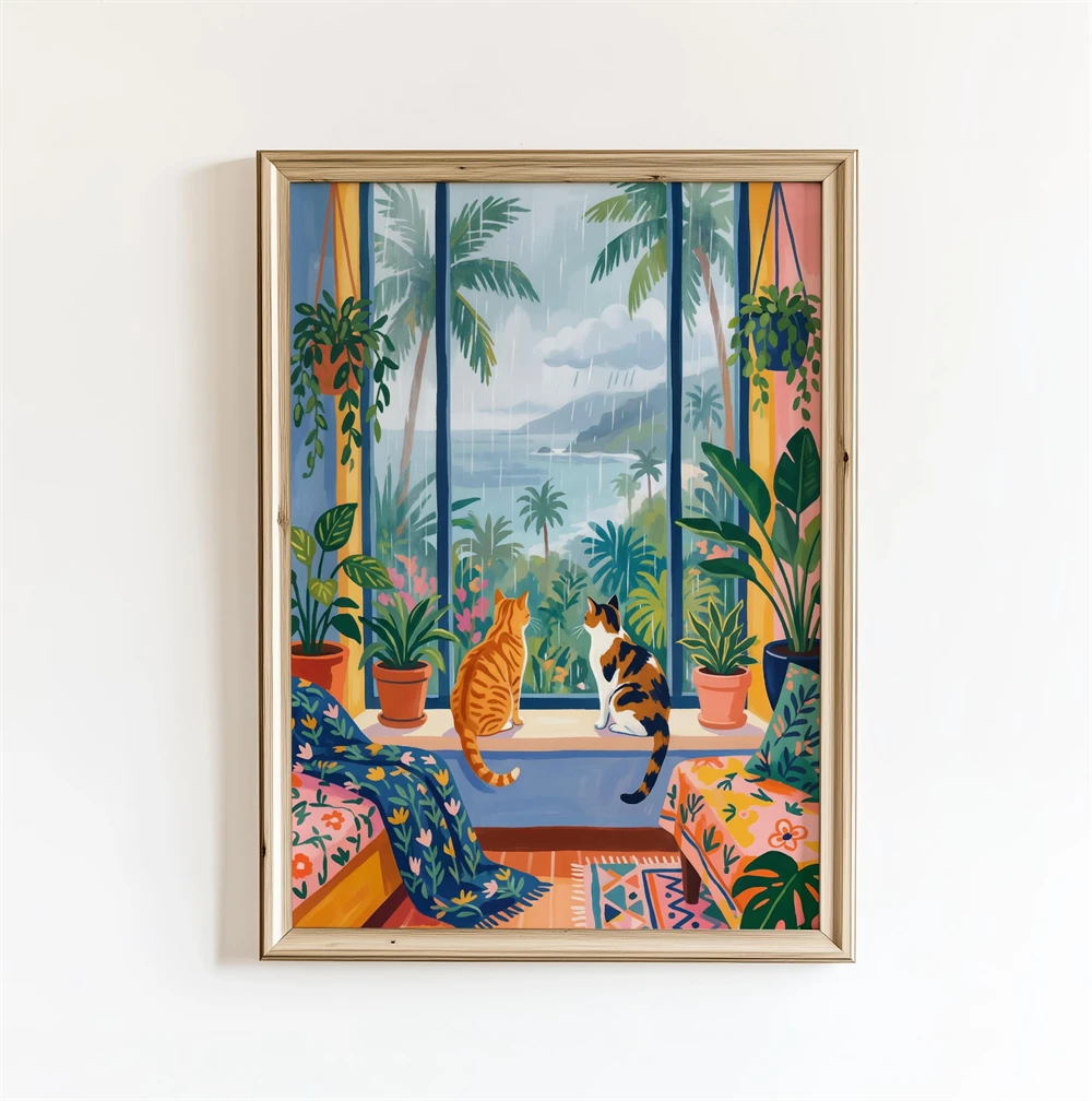 Moonlit Window Daydream Cat Wall Art Poster Tropical Bathroom Decor Colorful Floral Night Illustration Poster - Image 3