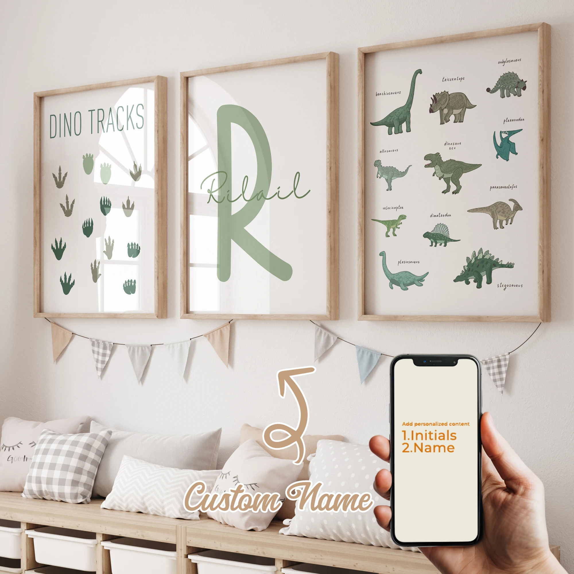 3pcs Personalized Custom Name Cartoon Children Dinosaur Wall Art Print Picture Canvas Poster Painting For Living Room Home Decor