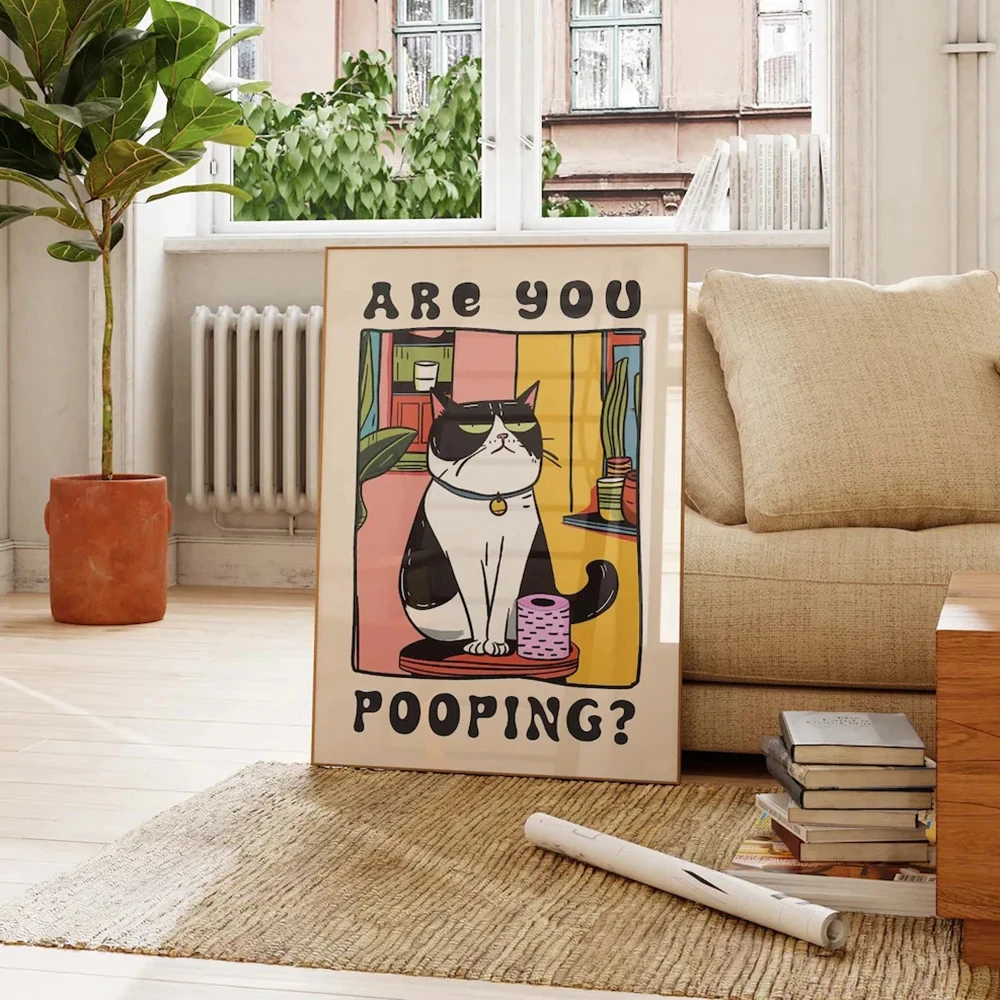 Funny Cat Canvas Wall Art Print-‘Are You Pooping?’ Bathroom Decor Poster for Toilet and Home Gift