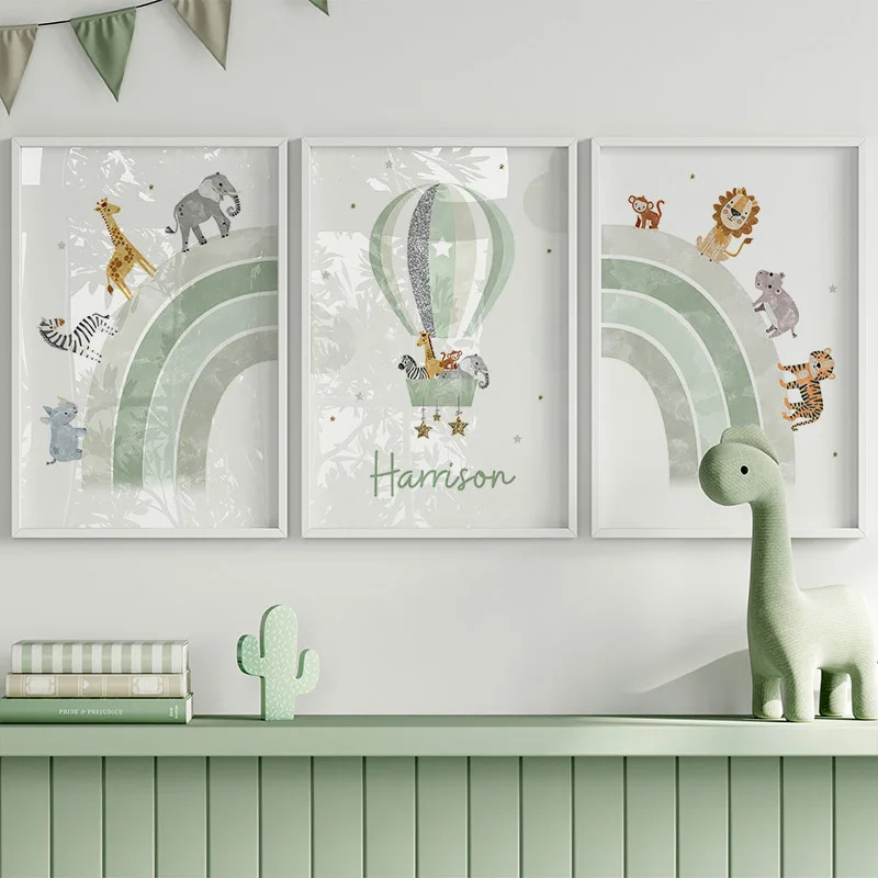 Rainbow Lion Giraffe Zebra Balloon Custom Name Nursery Wall Art Canvas Painting Posters And Prints Pictures Baby Kids Room Decor - Image 3