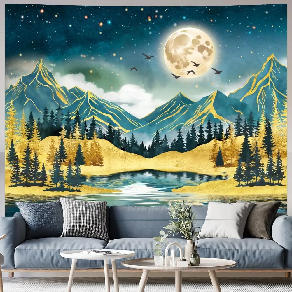 Watercolor Mountain Tapestry Starry Moon Night Tapestries Forest Trees Wall Tapestry Aesthetic Nature Landscape Wall Hanging - Image 4