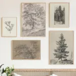 Antique Rustic Pine Oak Tree Sketch Drawing Neutral Botanical Landscape Poster Wall Art Pictures Canvas Painting Home Decor