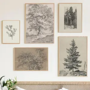 Antique Rustic Pine Oak Tree Sketch Drawing Neutral Botanical Landscape Poster Wall Art Pictures Canvas Painting Home Decor