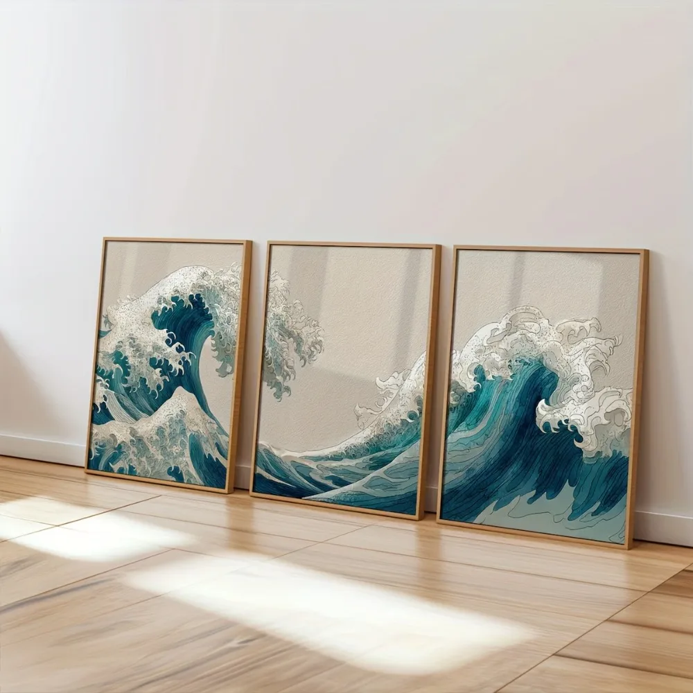 3pcs Frameless Japanese Quiet Wave Triptych Abstract Coastal Landscape Poster Decor,Blue Nautical Decor,Zen Beach Home Printing - Image 3
