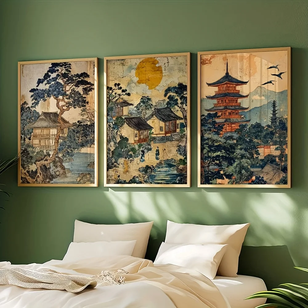 3pcs/set Japanese Landscape Travel Canvas Print Retro Sunrise House Pagoda Wall Art Poster for Modern Living Room Home Decor - Image 2
