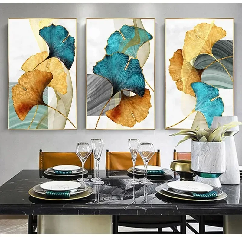 Modern Picture Living Room Decor Blue Green Yellow Gold Plant Leaf Abstract Nordic Canvas Print Wall Art Painting Home Decor - Image 3