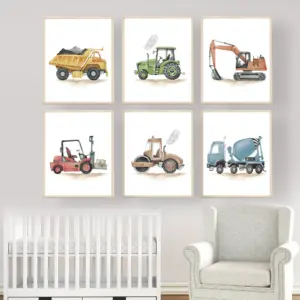 Construction Vehicle Prints Canvas Painting Boy Nursery Wall Art Decor Construction Decor Watercolor Construction Trucks Poster