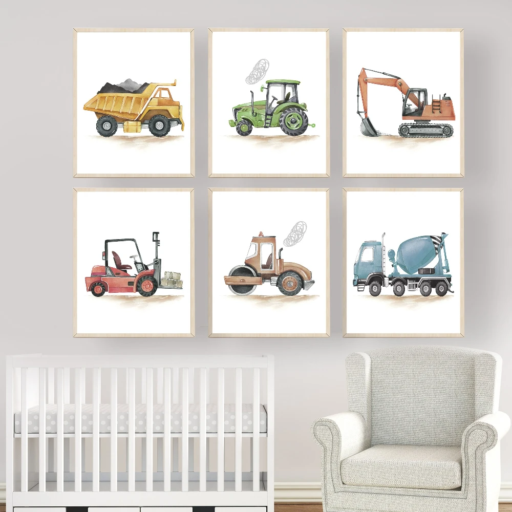 Construction Vehicle Prints Canvas Painting Boy Nursery Wall Art Decor Construction Decor Watercolor Construction Trucks Poster