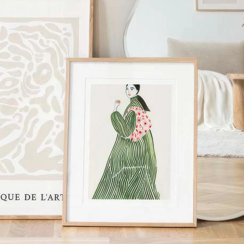 Fashion Girl Dog Flower Green Plant Abstract Line Art Print Poster Canvas Painting Hotel Bar Decorative Picture Wall Living Room - Image 3