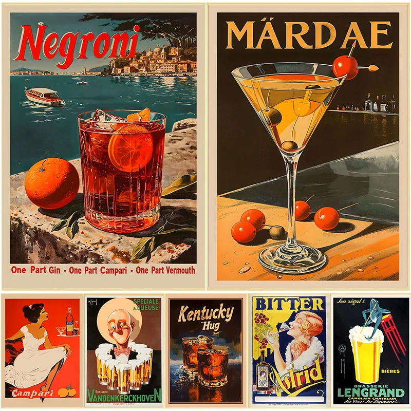 Retro Modern Classic Negroni Cocktail Alcohol Advertisement Wall Art Canvas Painting Posters For Living Room Bar Cart Home Decor
