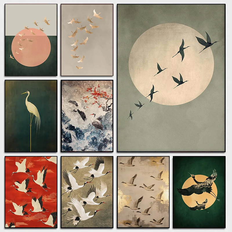 Sage Green Gold Japandi Art Print Flying Birds Wall Art Abstract Sun Art Living Room Decor Japanese Wall Art Bedroom Decor Gift