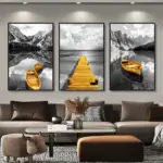 3pcs Yellow Boat On The Lake Landscape Canvas Prints Gold Wooden Bridge Mountain Abstract Wall Art Paintings For Home Decor