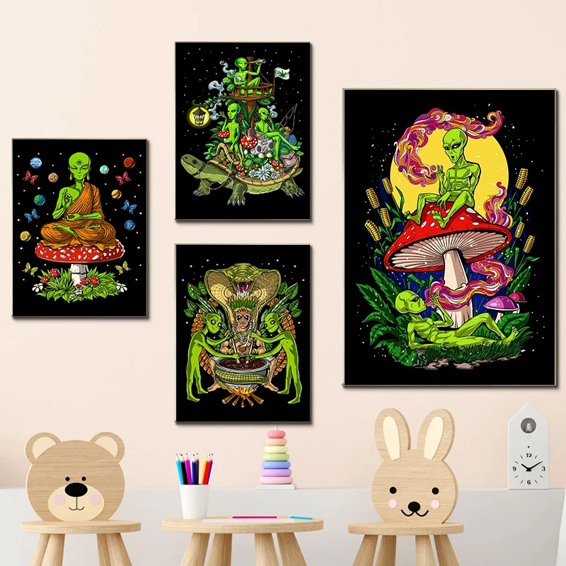 Psychedelic Trippy Magic Mushrooms Poster Canvas Painting Cartoon Science Alien Stoners Wall Art for Living Room Home Decoration - Image 2