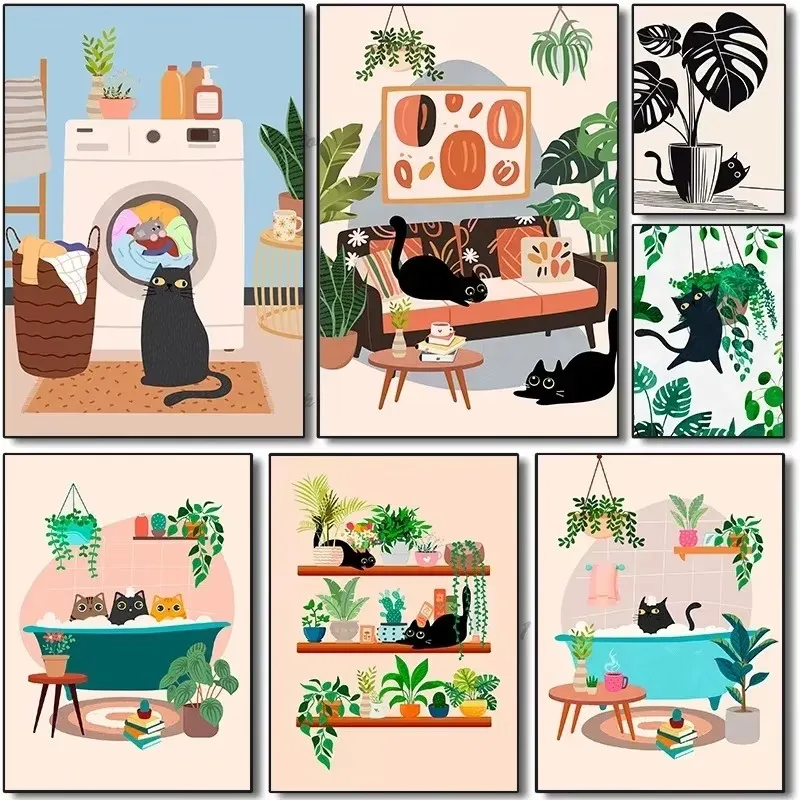 Watercolor Cute Kittens Potted Plant Canvas Print Cartoon Green Plants Animals Wall Art Postes for Modern Living Room Home Decor - Image 2